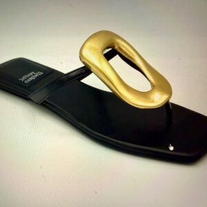 Jeffrey Campbell Linques Black Patent Gold Chain Slide Sandals 6.5